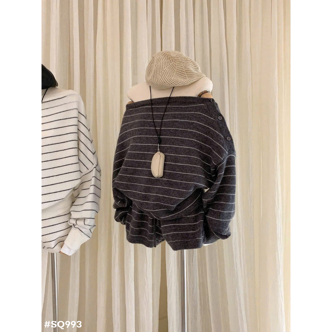 レディース ボーダーニットセットアップ オフショルダートップス＋ショートパンツ 2点セット