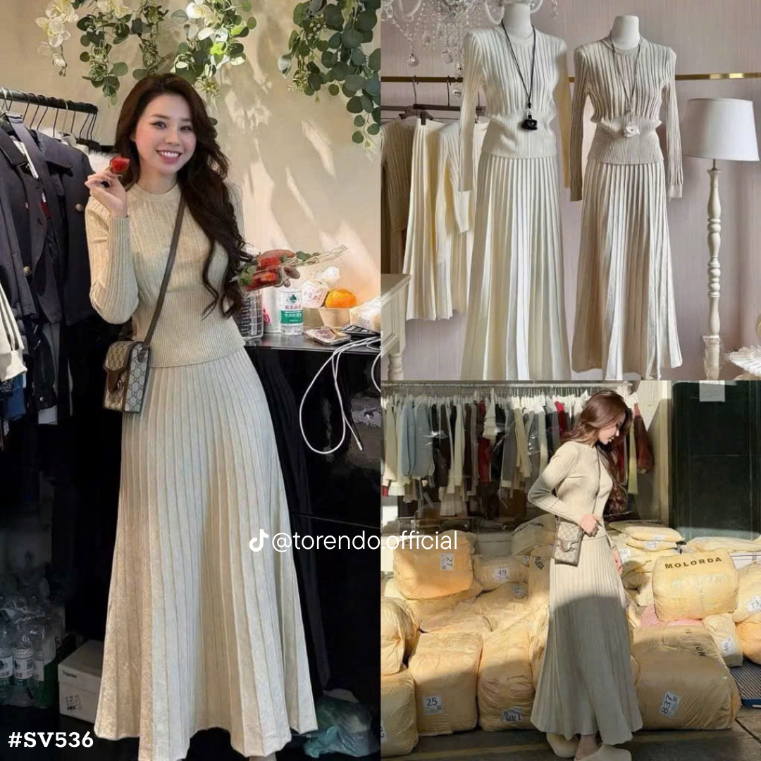 レディース 韓国風 ニットセットアップ 2点セット 長袖 リブニットトップス ロングプリーツスカート 秋冬 大人可愛い 上品 きれいめ