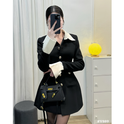 レディース 韓国風ワンピース 襟付き 長袖 ミニワンピース ブラック ホワイト配色 ウエスト細見え きれいめ 大人可愛い